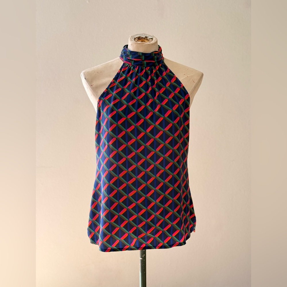 Trina Turk Navy Halter Tank with Multicolor Geometric Print